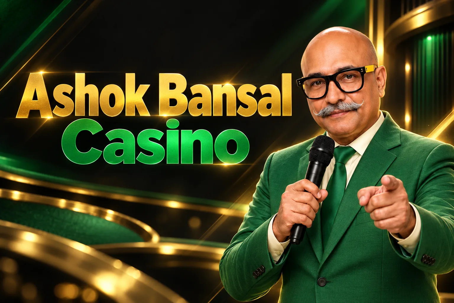Ashok Bansal in a yellow jacket and green tie beside the Ashok Bansal Casino welcome match of 150% up to ₹1,00,000
